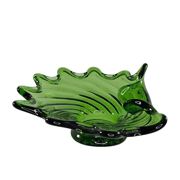 Art Glass Folded Swirl Candy Bowl Trinket Dish Green Vintage - Picture 5 of 10